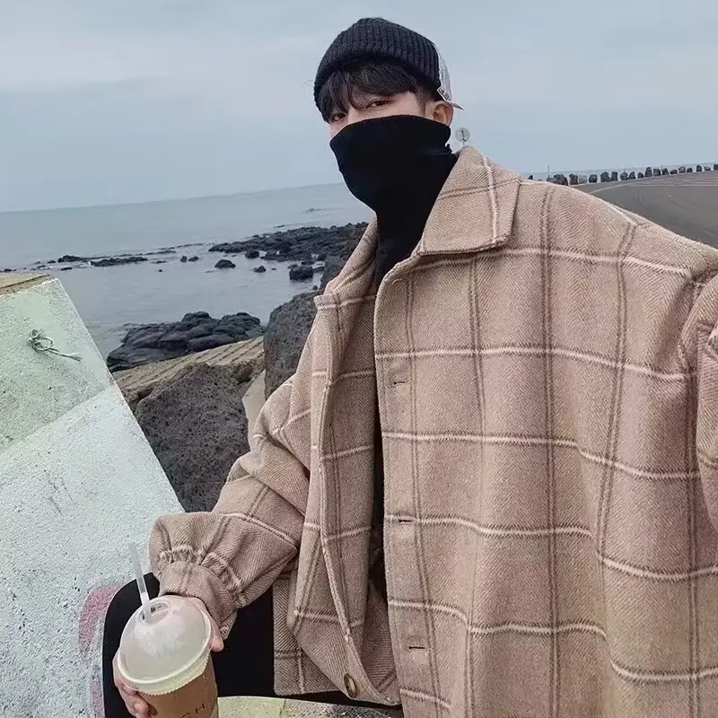 Checkered woolen coat men's autumn and winter thick jacket windbreaker Korean version trendy British medium long woolen coat