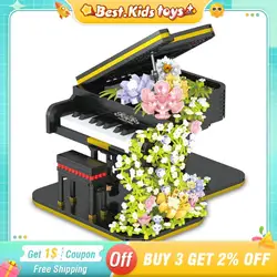 Mini Black Piano Building Blocks Musical Instrument Rose Flower Waterfall DIY Model Bricks Kids Education Toys Birthday Gifts