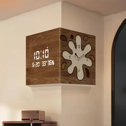 Wooden Style Living Room Corner Clock with High-end Feel Double-sided Wall Clock for Home Decoration Calendar Electronic Clock