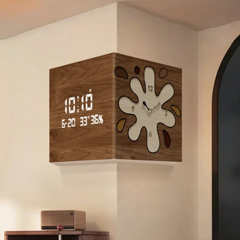 Wooden Style Living Room Corner Clock with High-end Feel Double-sided Wall Clock for Home Decoration Calendar Electronic Clock