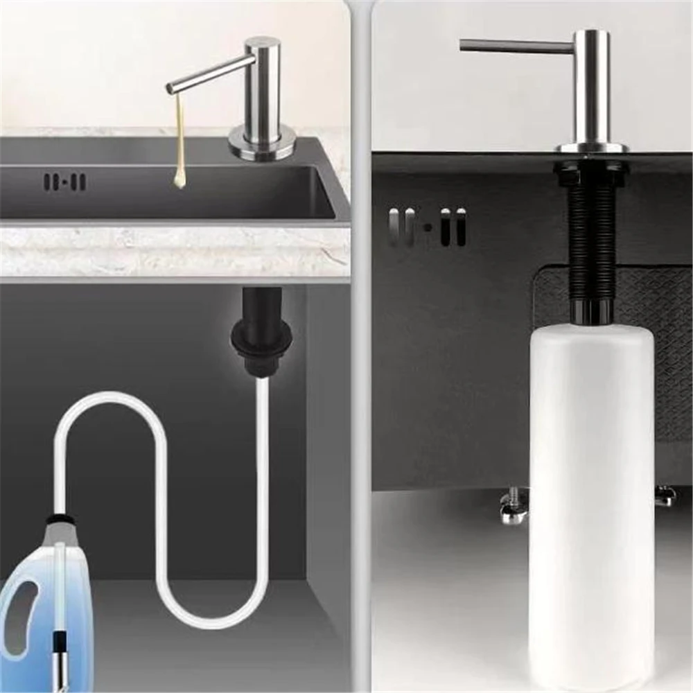 Stainless Steel Sink Liquid Soap Dispenser Pump Head Built-in Liquid Soap Bottle Hand Press Kitchen Detergent Dispenser Bottle