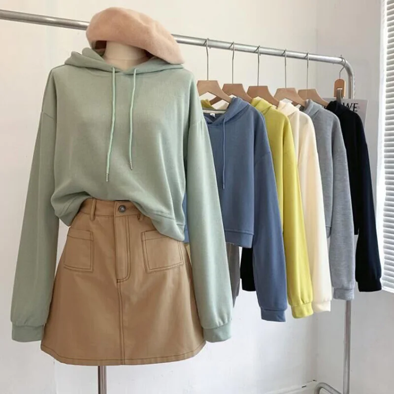 

Ladies Short Drawstring Hooded Hoodies Spring Autumn Thin Sweatshirts Korean Style Loose Pullovers Solid All-Matched Tops