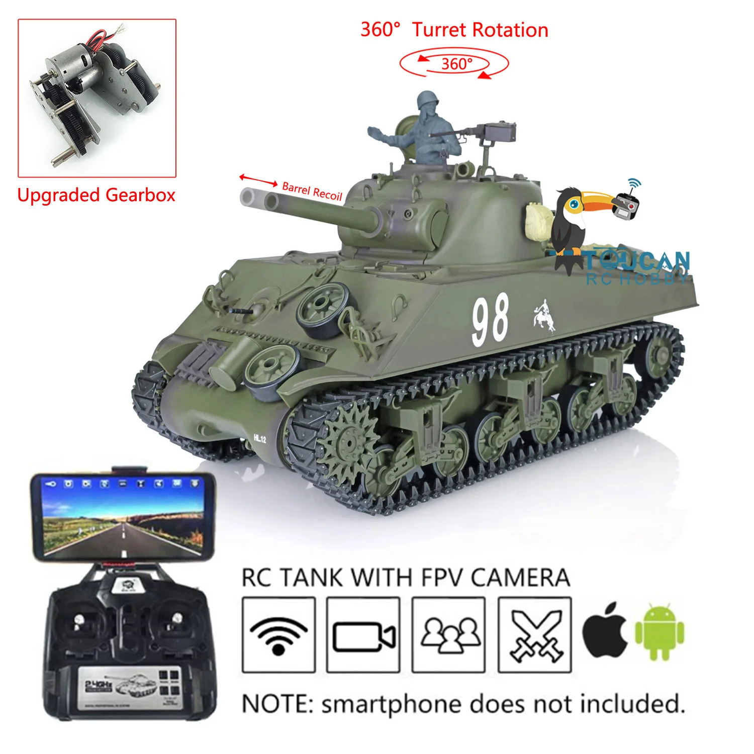 Henglong Toucanhobby DIY 1/16 7.0 Plastic M4A3 SherRC Tank 3898 360��Turret FPV BarrelRecoil