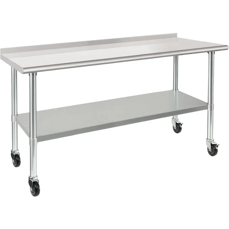 Stainless Steel Table 24 x 72 Inches with Wheels Casters NSF Heavy Duty Commercial Prep Table with 2” Backsplash