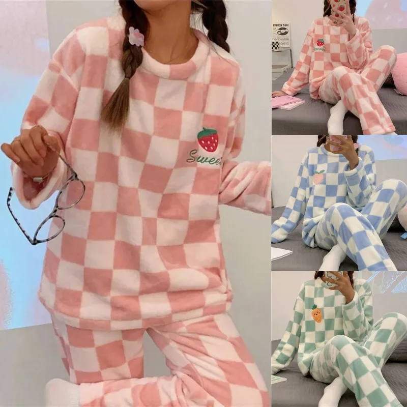 Autumn Winter Women Warm Flannel Fleecing Pyjamas Set Kawaii Cartoon Plaid Girls Homewear Long Sleeve Cute Sleepwear Night Suit