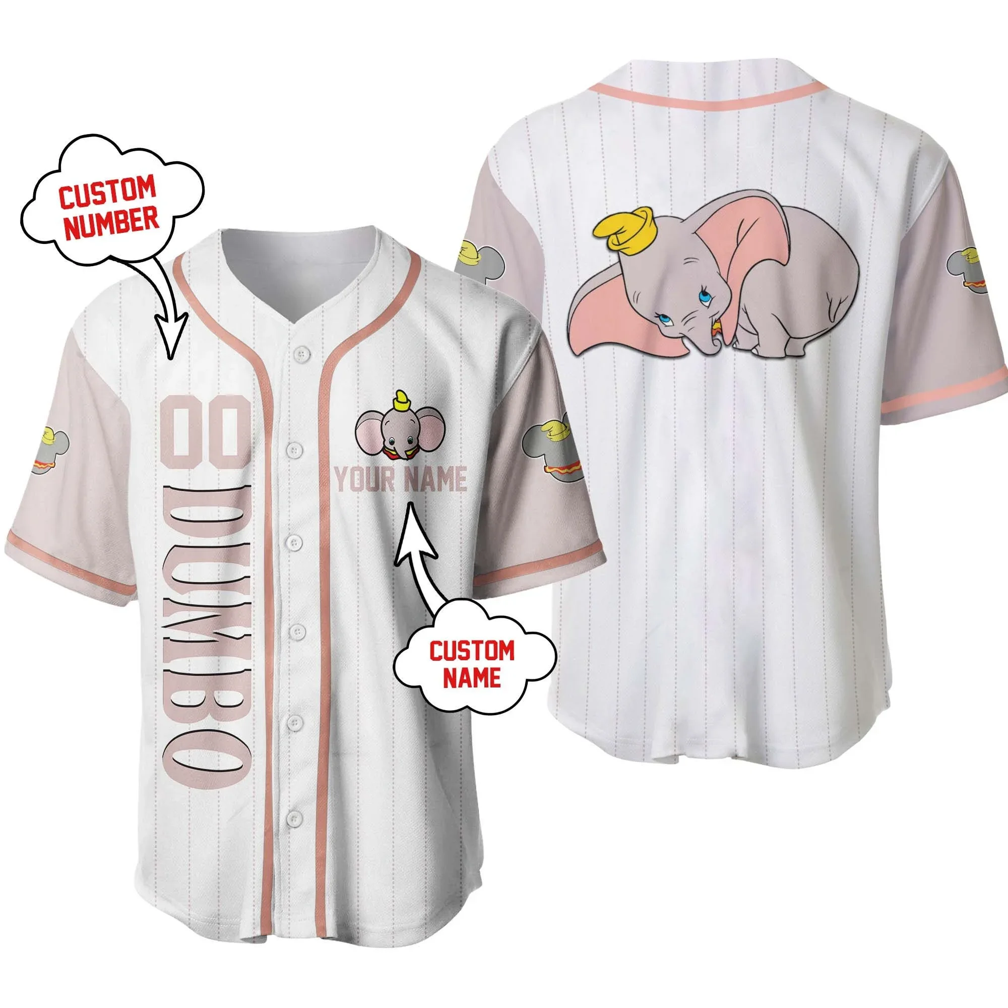 Dumbo Elephant Baseball Jersey Custom Name Disney Men's Baseball Jersey Fashionable Disney Short Sleeve Hawaiian Shirt Track Top