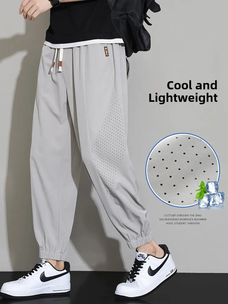 

Мужские летние тонкие свободные спортивные брюки из ледяного шелка большого размера, быстросохнущие, повседневные, укороченные, для отдыха, модные, молодежные