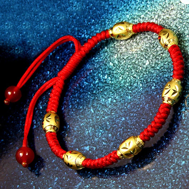 Real 999 24K Yellow Gold Bracelet Woman's 3D Hard Gold Carved Long Bead 0.2g*6pcs Baby's Red String Knitted Bracelet