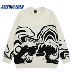 Aelfric Eden Skeleton Portrait Sweater Retro Skull Graphic Hip Hop Knitted Sweater Vintage Pullover Casual Wool Sweater Hipster