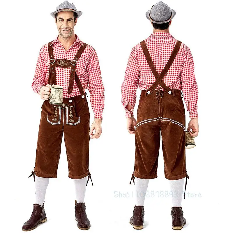 Mens Oktoberfest เสื้อผ้าเครื่องแต่งกายผู้ใหญ่เยอรมัน Bavarian กางเกงขาสั้นชุด Overalls เสื้อหมวก Suspenders สั้นชุดเครื่องแต่งกายฮาโลวีน