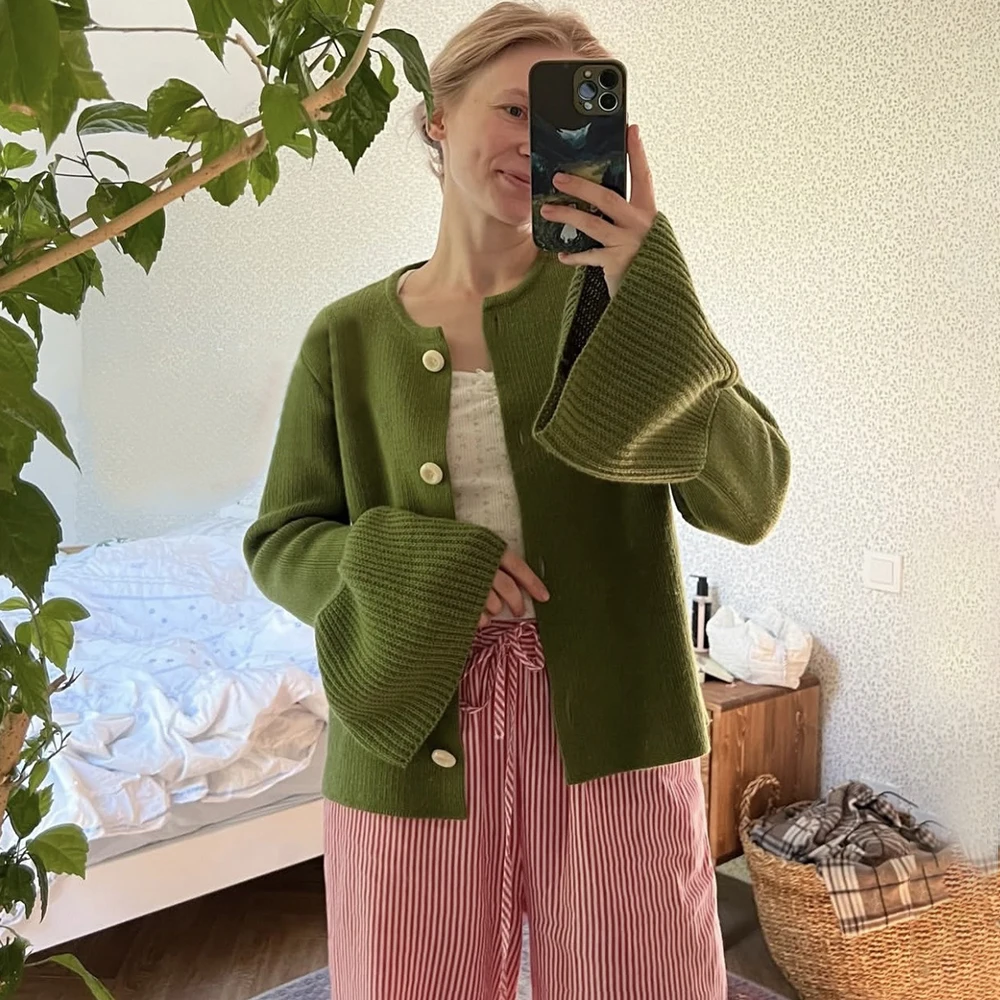 

Ticketsx модный однотонный вязаный кардиган с круглым вырезом, повседневное однобортное вязаное пальто с длинными рукавами и рюшами, осенний женский трикотаж