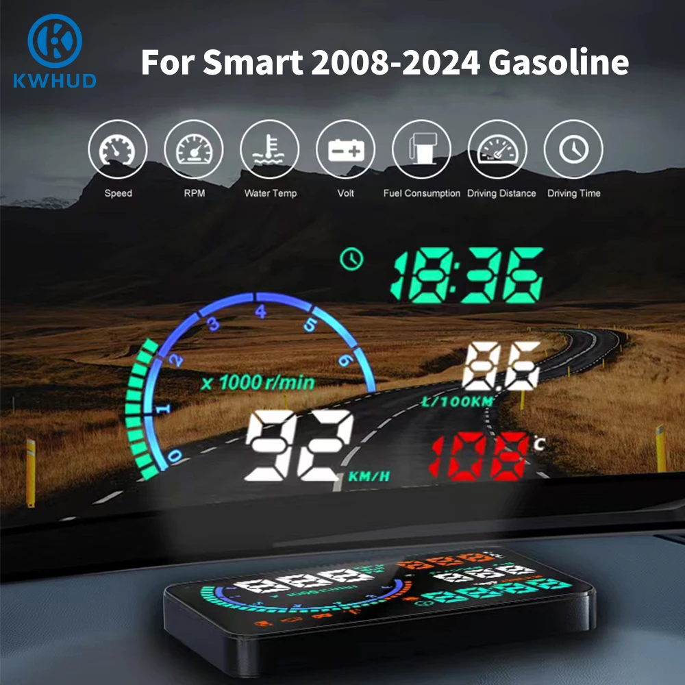 KWHUD OBD2 Hud Head-up Display dla Smart Fortwo 453 451 450 2008-2024 Benzyna Samochód Cyfrowy prędkościomierz RPM Volt Miernik temperatury oleju