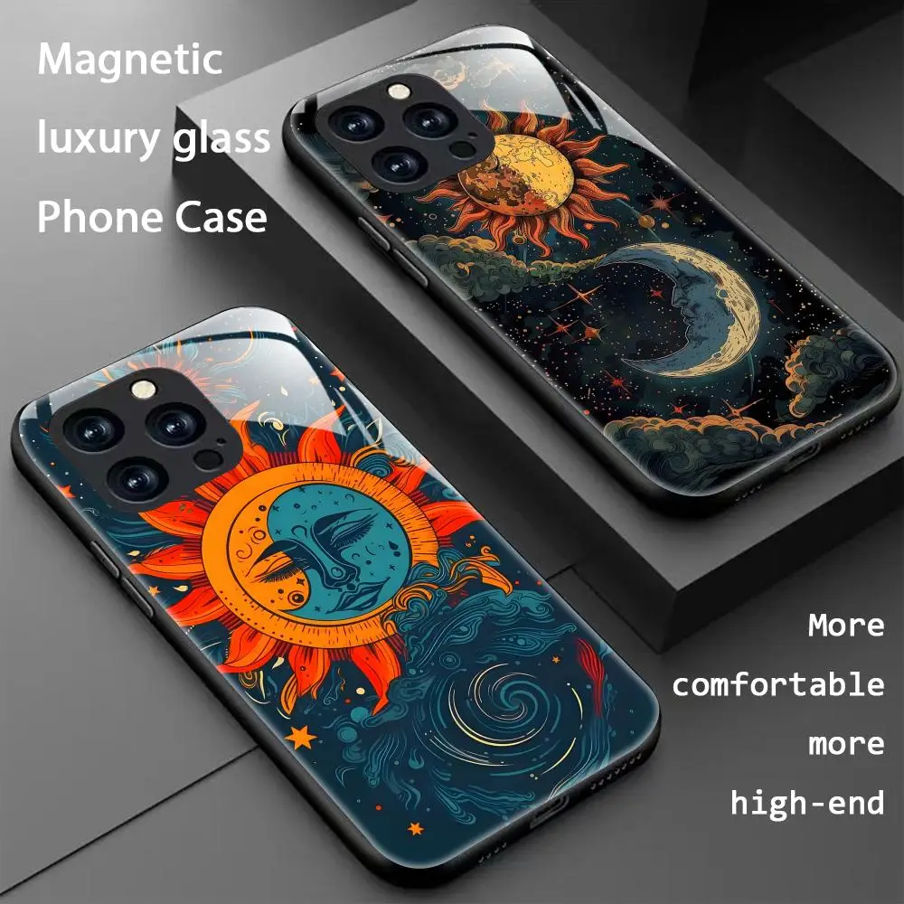 Coque de téléphone magnétique en verre Fashion Sun Art Rétro pour iPhone 17 16 15 14 13 12 11 X XR XS 8 Plus Mini Pro Max
