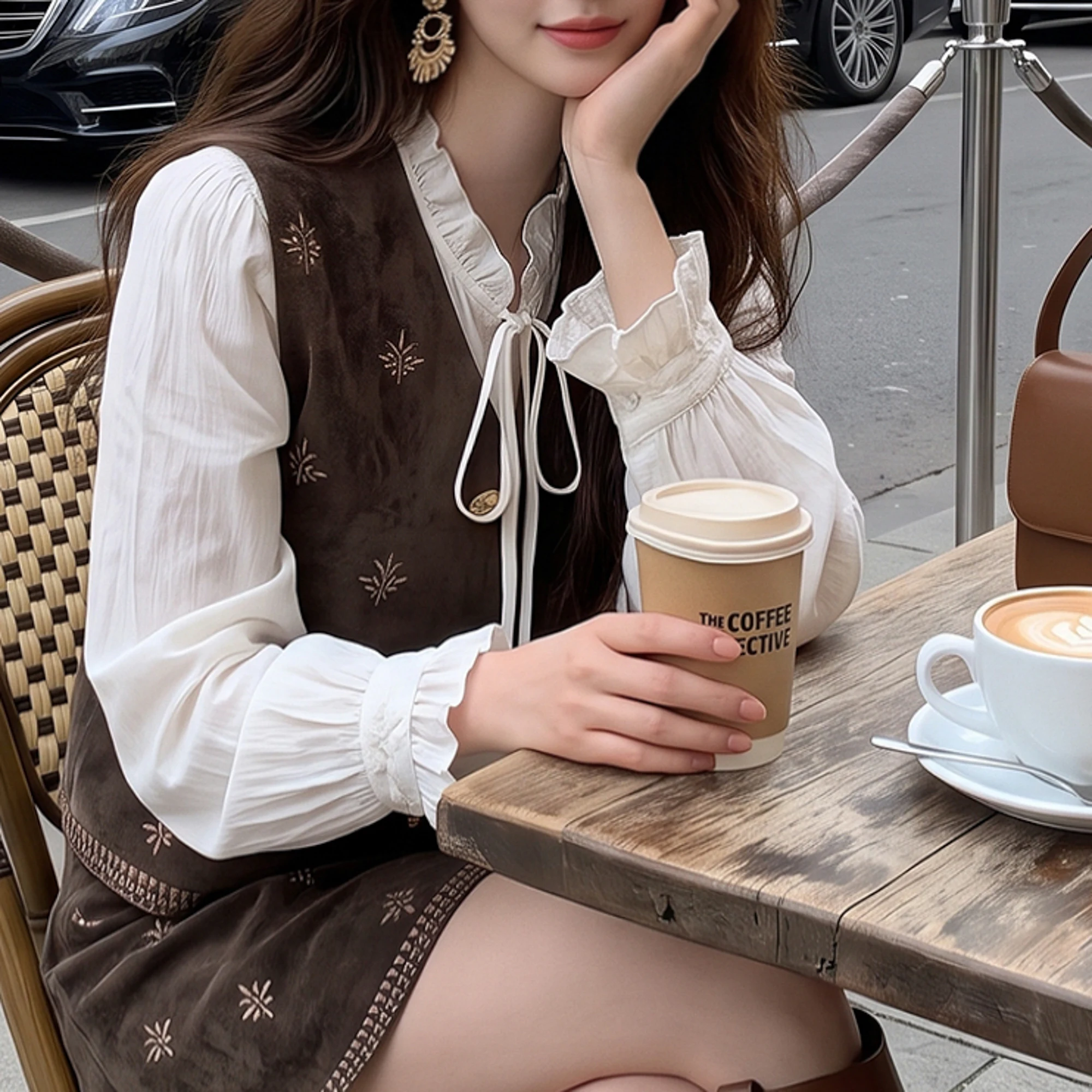 Fall Women Skirt Suits Coffee Color Sleeveless Top Long Sleeve Shirt and Slim Fit Short Skirt Outfit Ensemble Femme DM3CSJ004