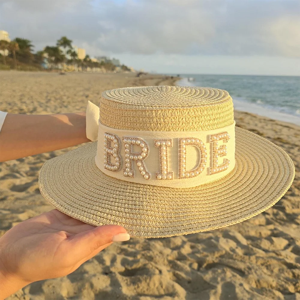 

Beach BRIDE Pearl Straw Sun Hat Bride Vacation Hat Bachelorette Party Beach Hat Bridal Party Supplies Bride To Be Gift Decor