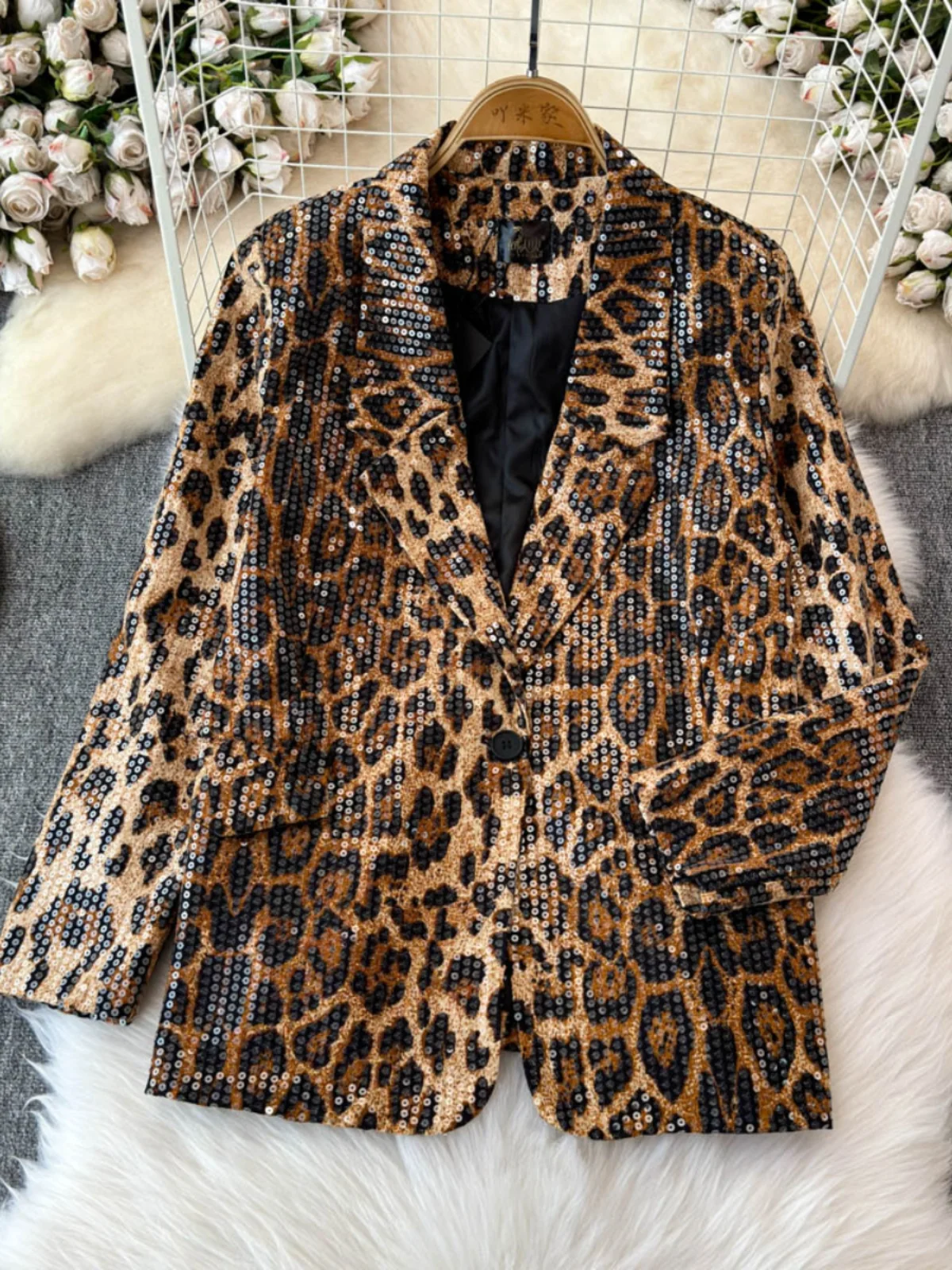 Street Style Leopard Print Suit Blazer Female 2024 Autumn New Fashion Sequined Temperament Suit Collar Loose Coat Jacket Women