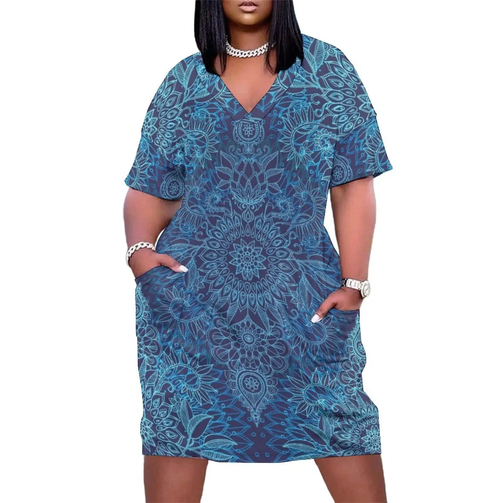 

Aqua, Cobalt Blue & Purple Protea Doodle Pattern Loose Pocket Dress dress summer dress women summer