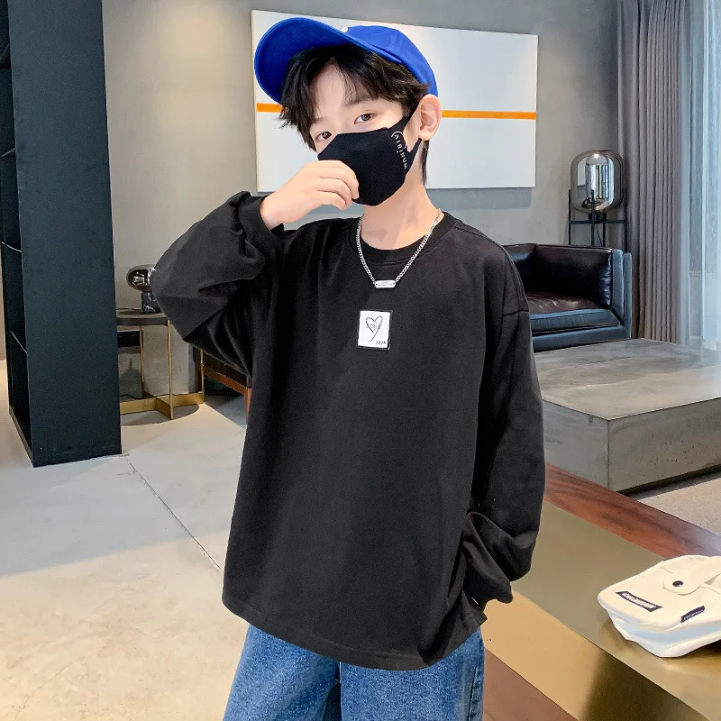 

Boys Clothing Tshirts Spring Fall Cotton Solid Color Print Long Sleeve Round Neck Korean Version Casual Trend Kids T-shirt 5-14Y