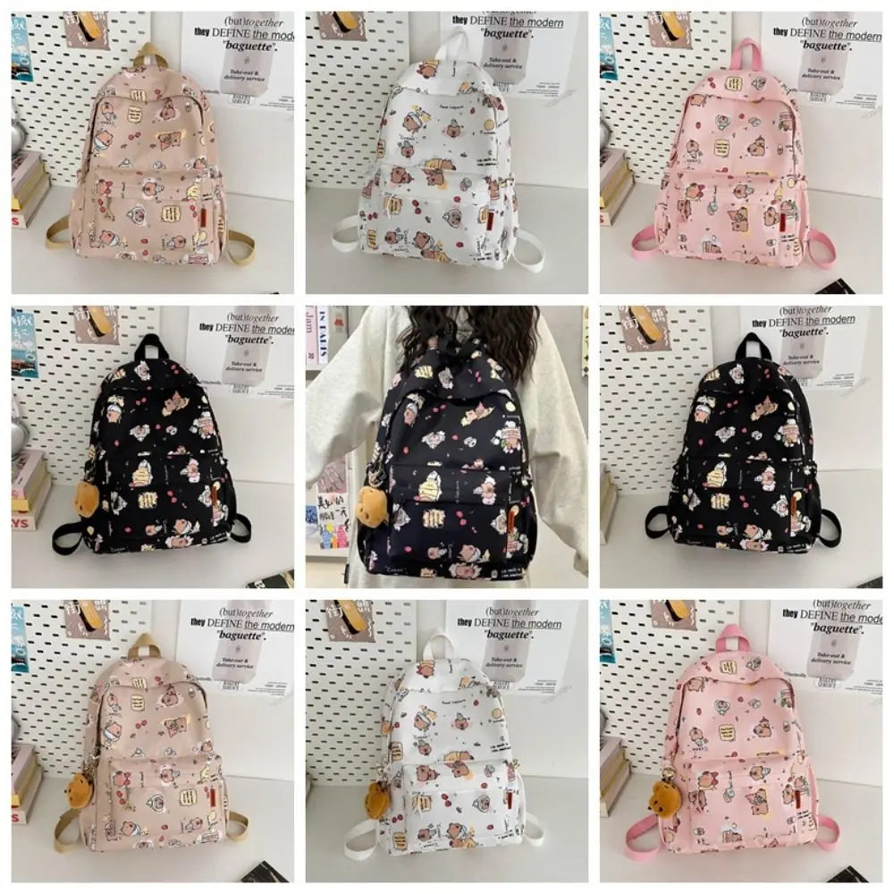 Thickened Capybara Backpack Nylon Wide Straps Cartoon Animal Daypack Multi Functional Foldable Large Capacity School Bag Friends
