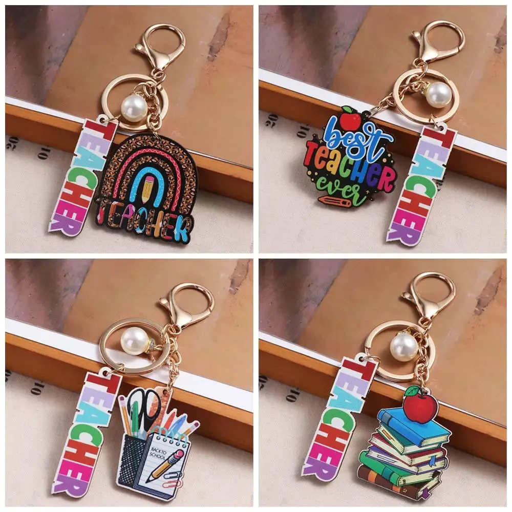 Wooden Teacher's Day Keychain English Letter Geometric Shape Text Keychain Pendant Trinket Notebook Pen Holder Key Ring