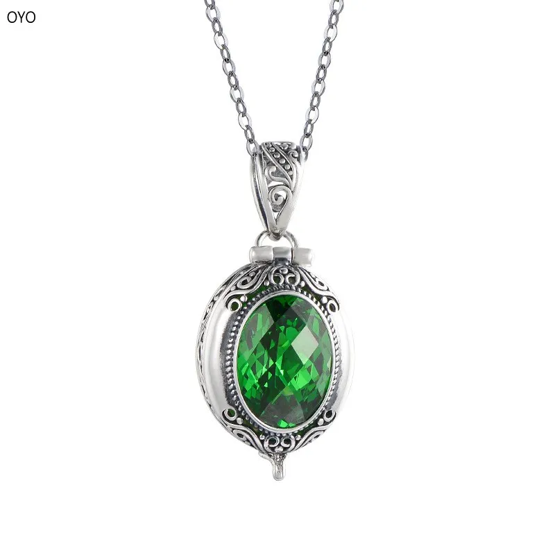 

S925 silver jade box green crystal pendant can open Thai silver stone mosaic antique fashion female jewelry wholesale