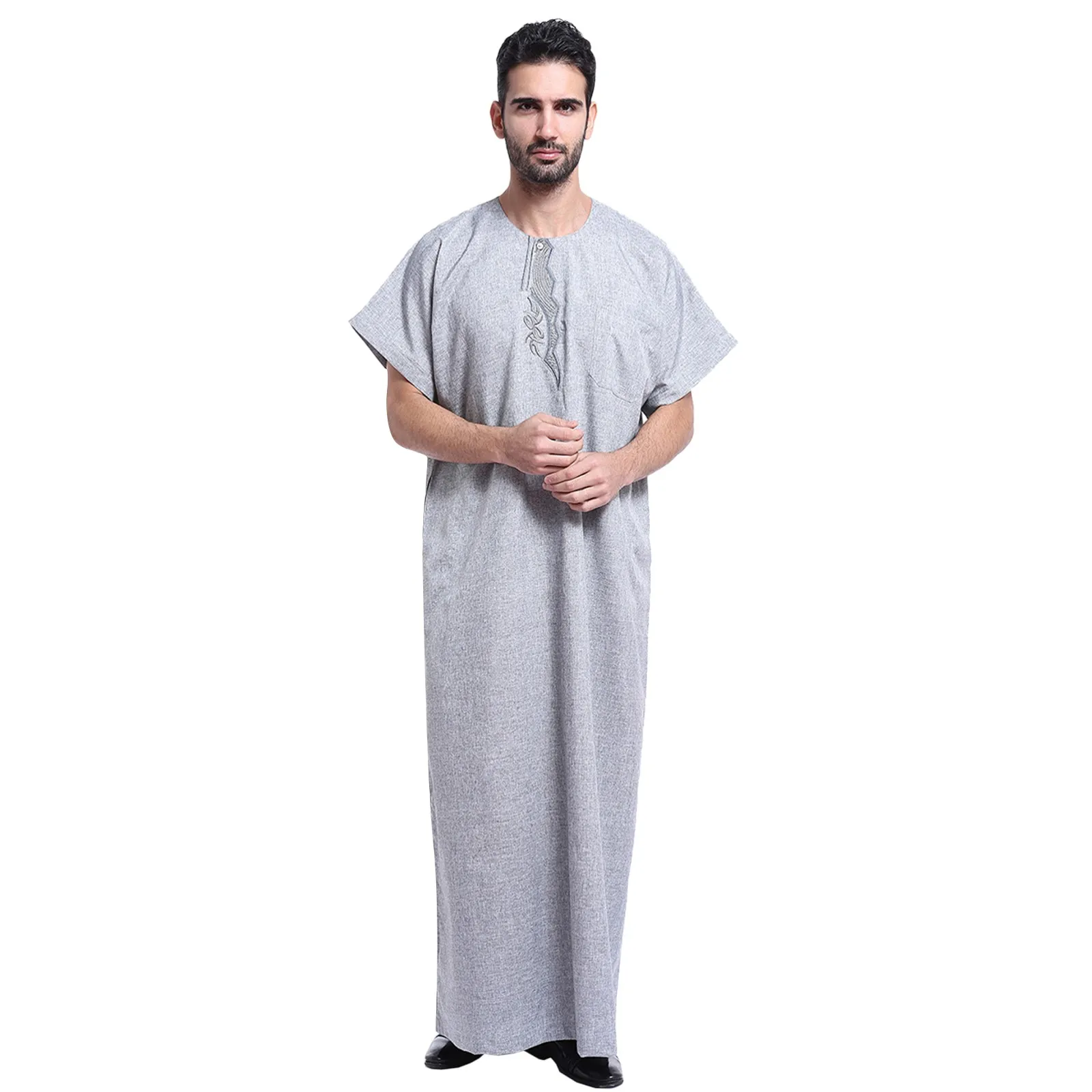 Men's Casual Muslim Arab Middle Solid Color Round Neck Short Sleeve Robe Buckle Dress Shirts for Men Traditional men's robe