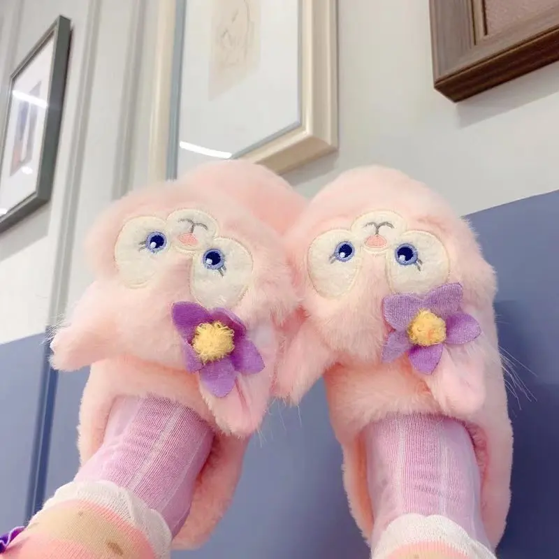 Cartoon Pink Foxes Slippers Anime Warm Shoes Indoor Home Cotton Slipper Flat Non-slip Japanese Style Casual Girl Woman Sweet