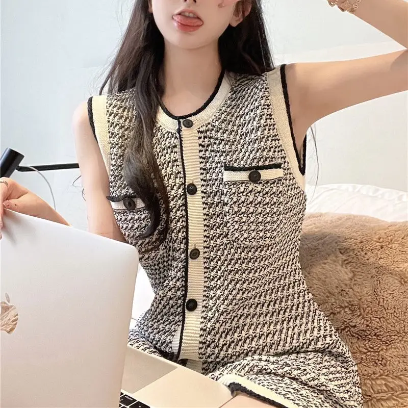 Striped Button Pocket Sleeveless Buttock Knitted Loose Women\'s Mini Dress Small Incense Style 2023 Summer Sexy Elegant Clothing