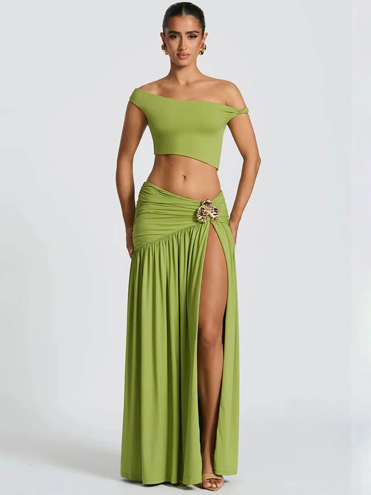 

Mozision Элегантный комплект платья Женский укороченный топ с косым воротником и юбка с разрезом Одинаковый комплект Модная плиссированная юбка с открытой спиной Комплект из двух предметов