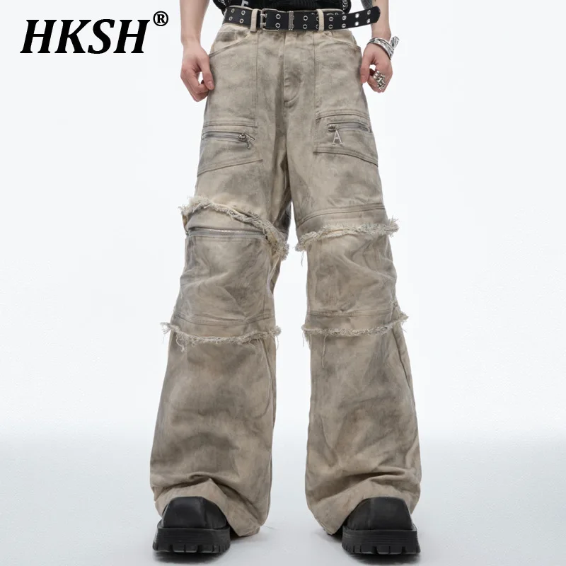 

HKSH Spring Summer New Men Tide Vintage Original Design Streetwear Damag Ragged Edge Punk Hip-hop Patchwork Casual Pants HK5249