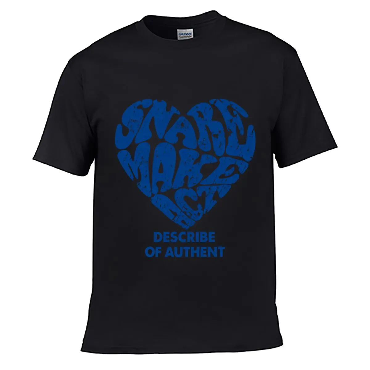 Blue Distressed Typography Heart Describe Of Authent Text Street Loose Simple Tee