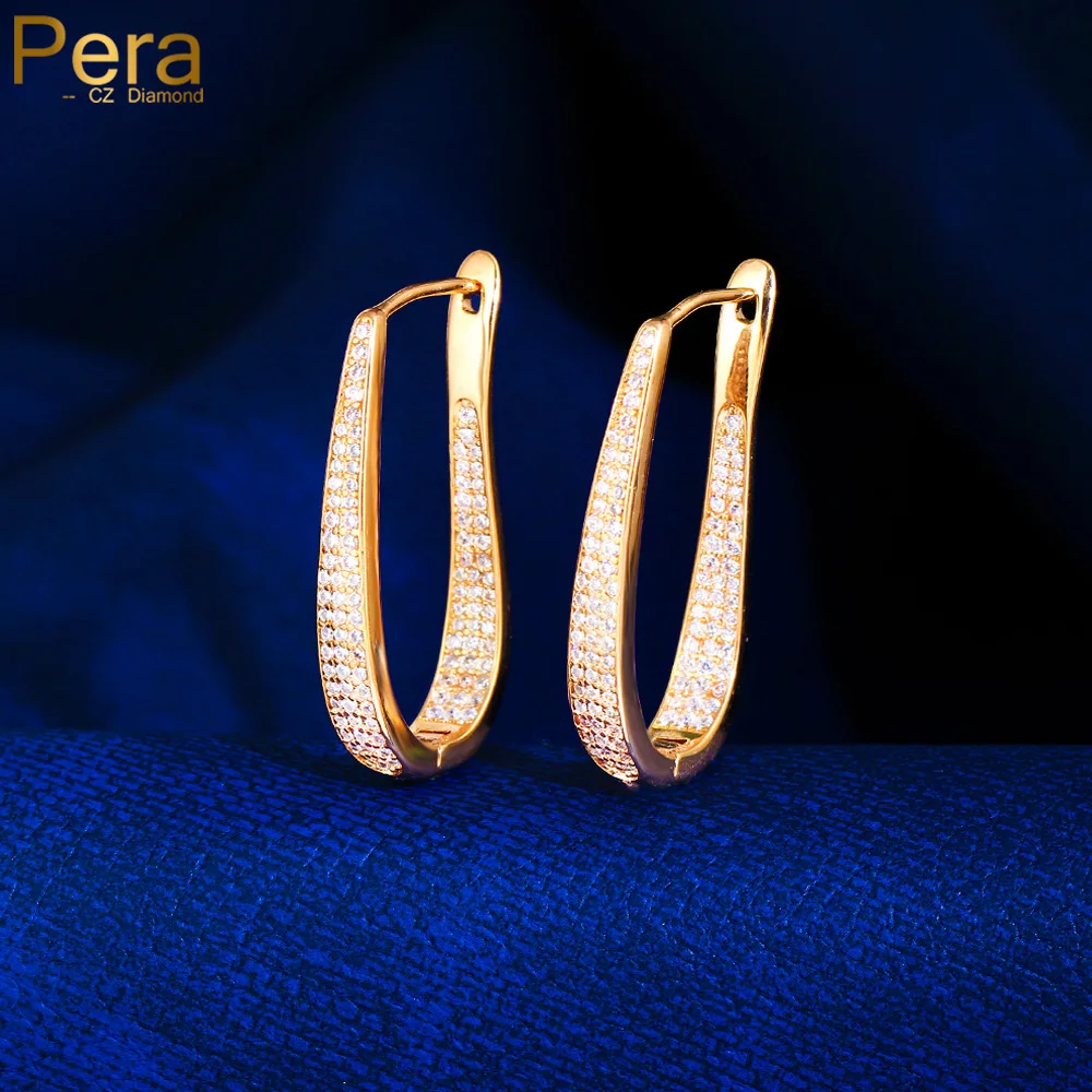 Pera Popular Gold Color Full Zirconia Simple U Design Circle Hoop Earrings for Women Steampunk Party Accessories Jewelry E425