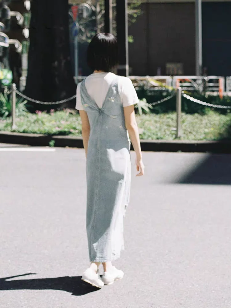 Novo vestido f de verão e sem mangas rasgado alça de ombro com decote em v vestido jeans na moda traje de palco...