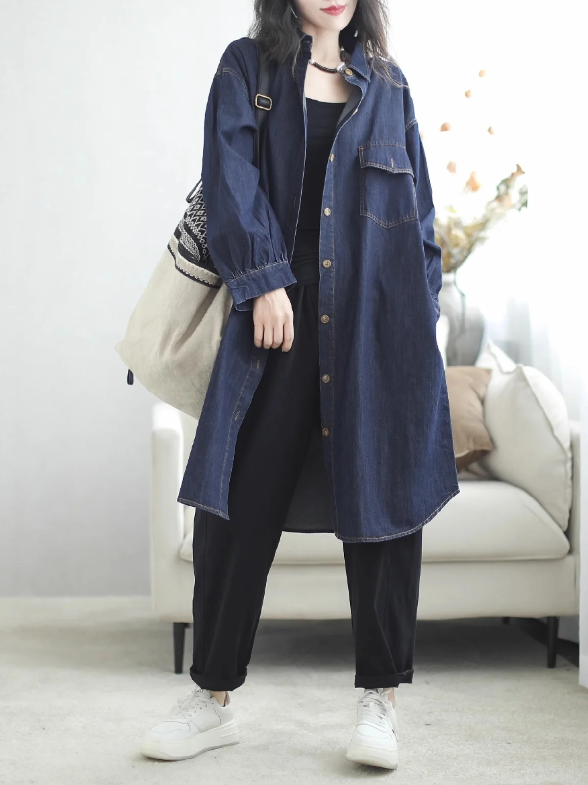 Vestido Vaquero Retro para Mujer, Manga Larga, Cuello , Estilo Csa Hoada, Chaqueta, Estilo ex, Color Puro, Ajust...