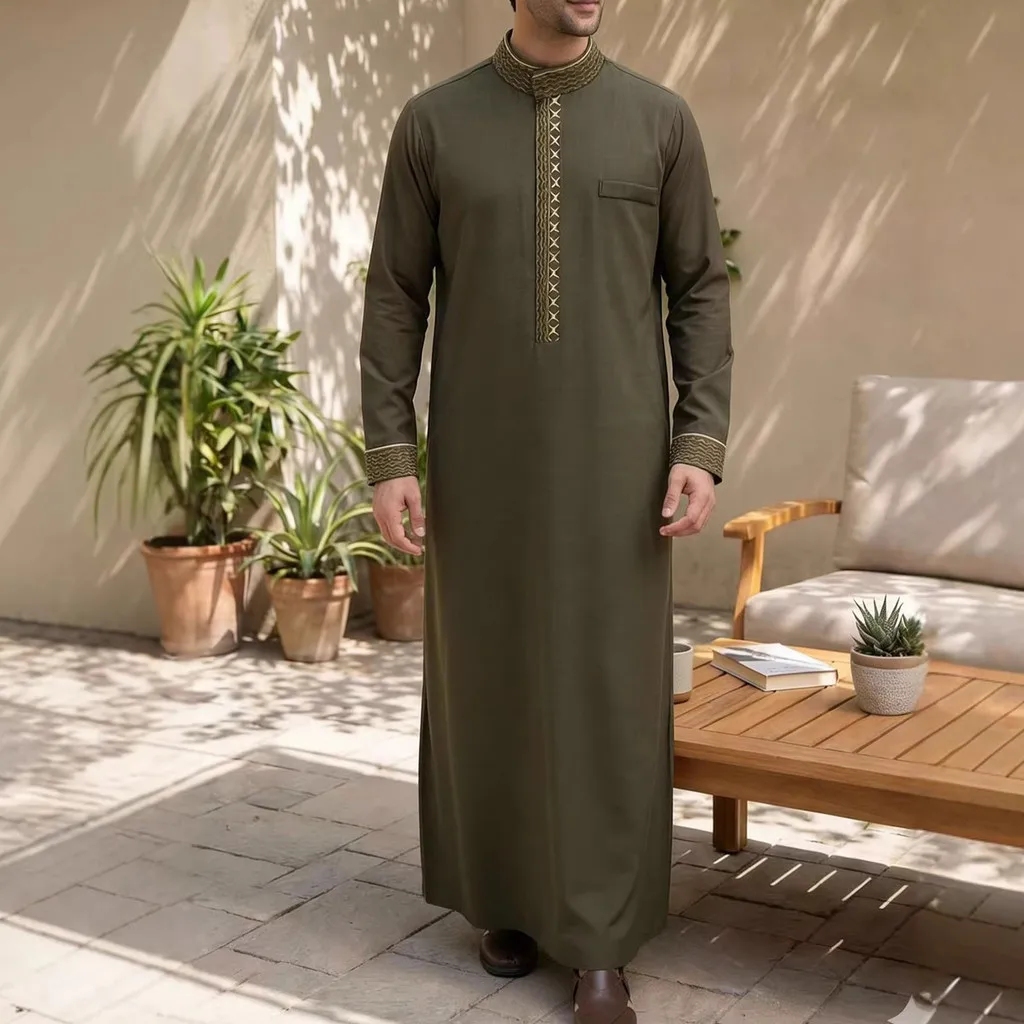 New Elegant Loose Middle East Men's Thobe, Arab Muslim Long Sleeve Embroidery Stand Collar Robe