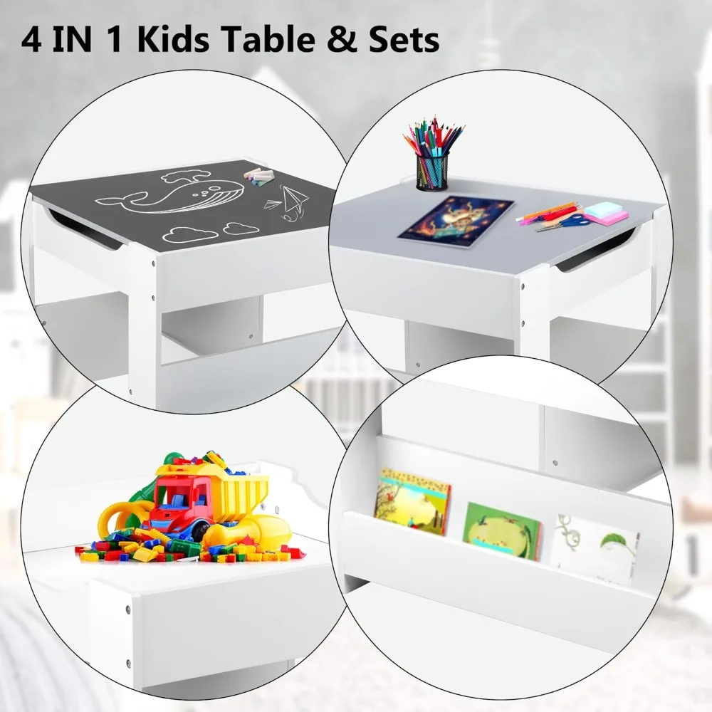 Kids Wood Table & 2 Chairs Set, 4 in 1 Children Activity Table w/Double Bookcase, Blackboard, Toddler Furniture Set