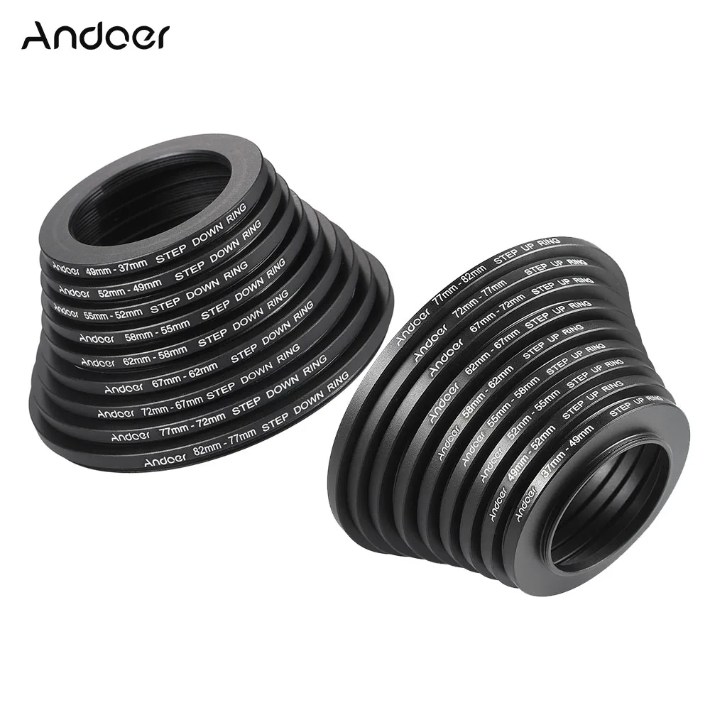 Andoer 18pcs 37-49-52-55-58-62-67-72-77-82mm Camera Lens Filter Metal Adapter Ring Kit Step Up / Step Down Lens Accessories