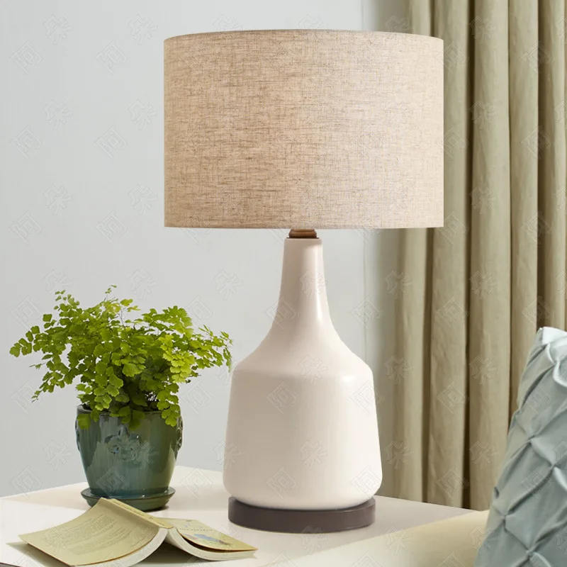 White Ceramic Table Lamp Beige Linen Shade Modern Minimalist Nordic Wabi Sabi Bedroom Bedside Living Room Study Decor Desk Light