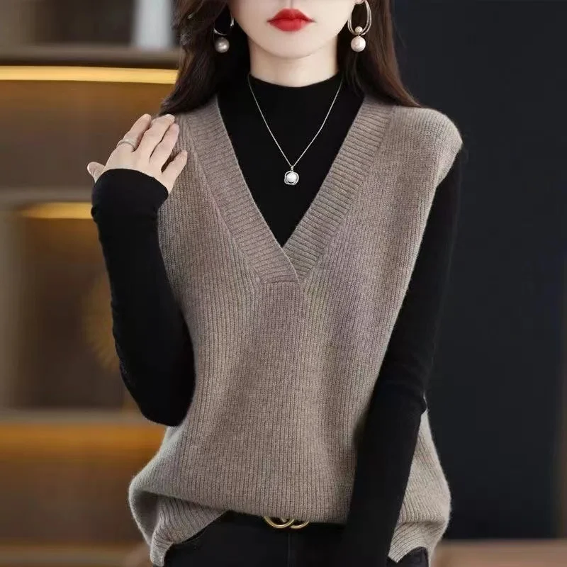 

Женский вязаный шерстяной жилет с V-образным вырезом и комплект из двух предметов: модный осенний наряд, удобный, дышащий, из ткани Glue Fabric, сделано в Китае