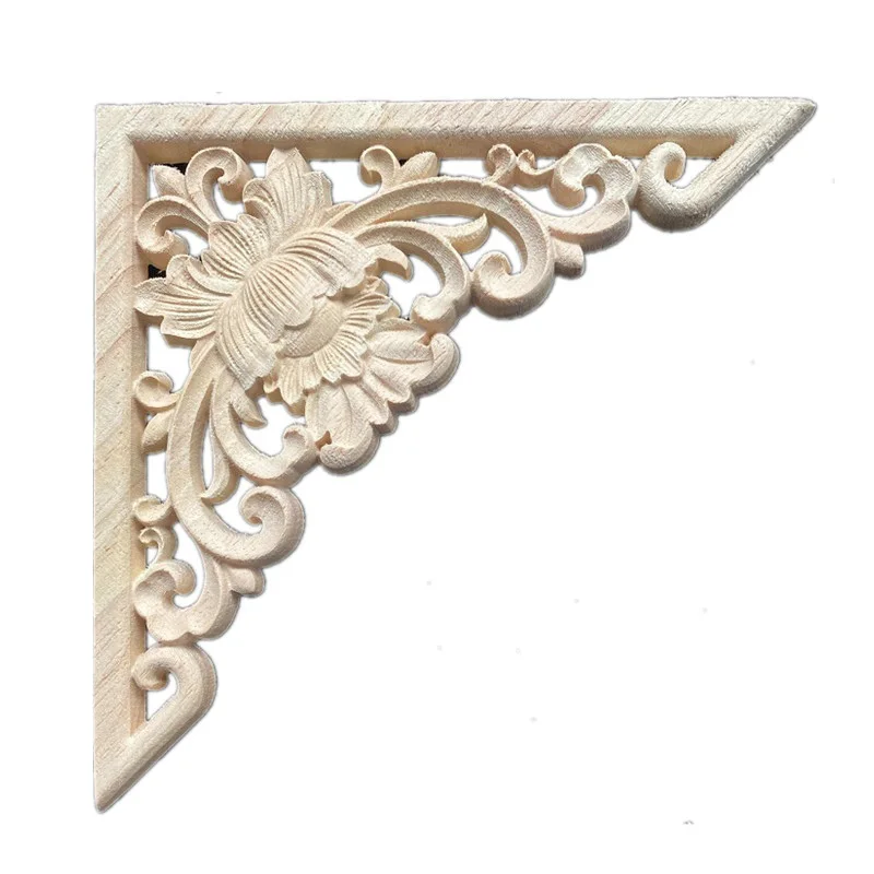 15-40cm Woodcarving Corner Decal Triangle Unpainted Solid Wood Carved Onlay Applique Frame Home Furniture Door Decor Ornament