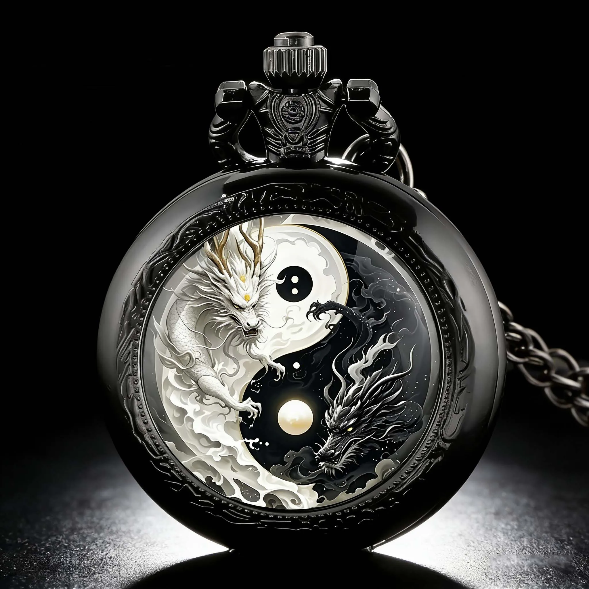Cool Yin Yang Dragons Vintage Dome Glass Quartz Pocket Watches with Chain Men Women's Necklace Timing Pendant Children's Gifts