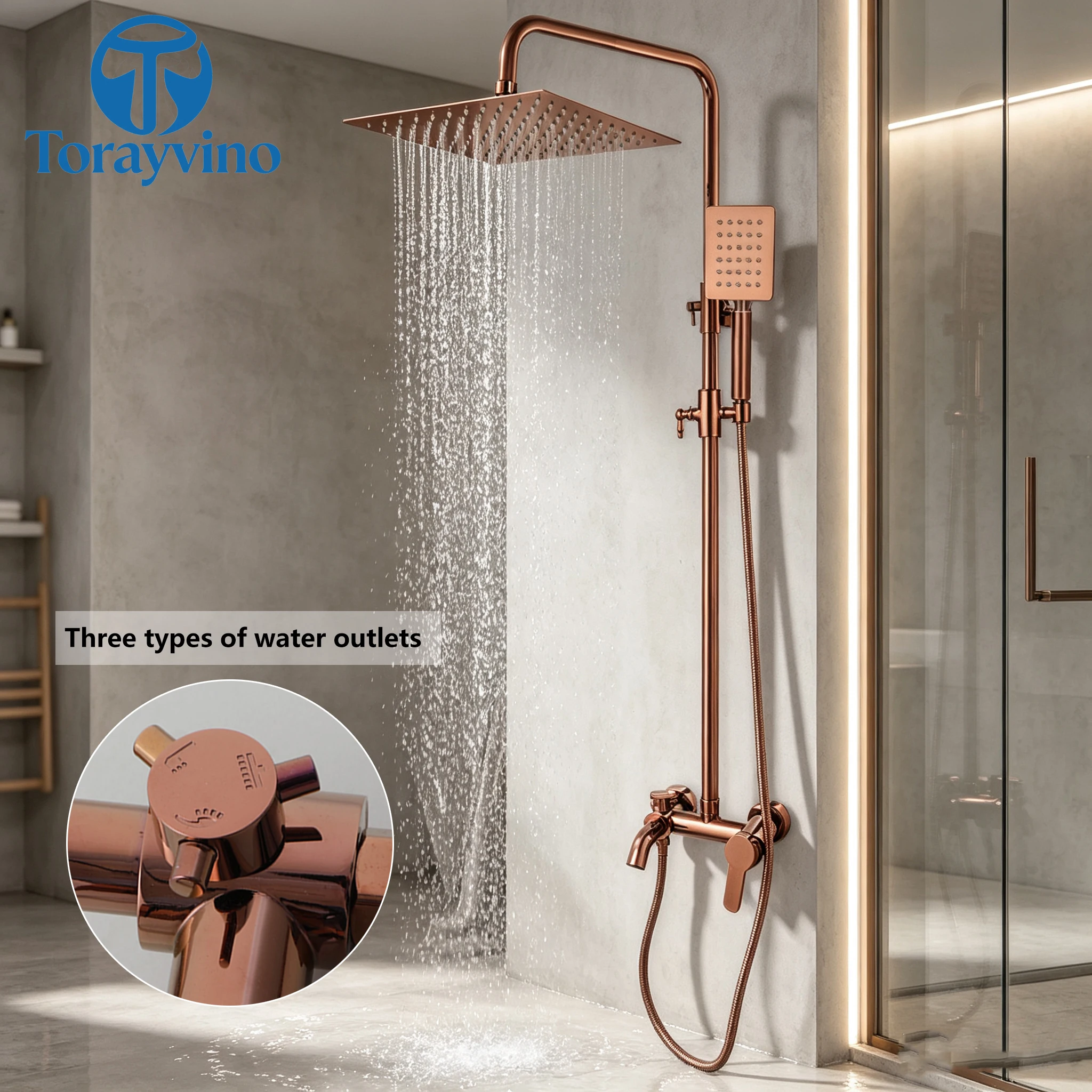 Torayvino Classic Luxury Bathroom Rose Gold Rainfall Shower Faucet Shower System set high quality outdoor Bath shower column