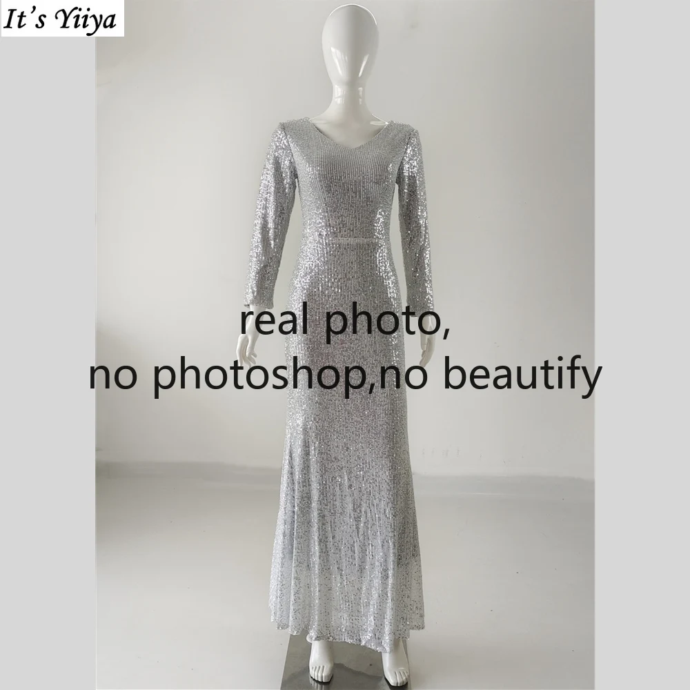 

It's Yiiya Real Photo Evening Dress V-neck Full Sleeves Robe De Soiree Mermaid Floor Length Plus size Women Party Formal Gown