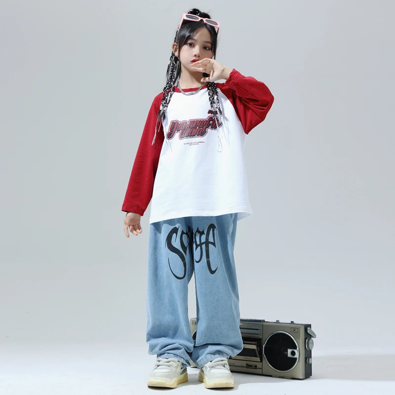 Boys Hip Hop Clothing Pink Plaid Shirt Denim Pants Girls Street Dance Clothes Kids Streetwear Child Jazz Showing Kpop Outfits