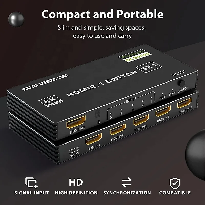 Ultra HDR 8K 60Hz 4K 120Hz HDMI 3D Switch / Switcher 5x1 5 Port HDMI Video Switcher Box