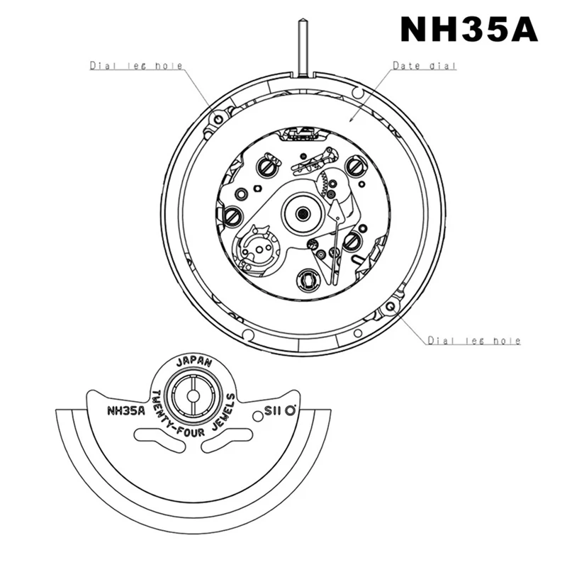 حركة NH35/NH35A + حركة جذع فولاذي + قرص أسبوعي + طقم قرص تقويم عالي الدقة حركة ساعة ميكانيكية أوتوماتيكية