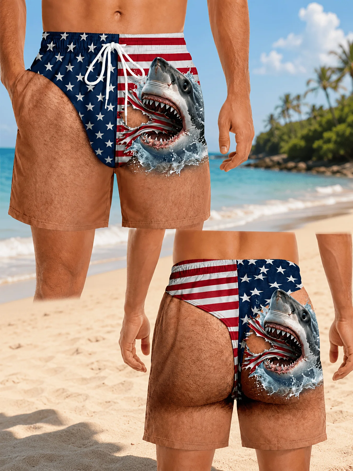 New Arrivals Y2K Novelty Humorous Butt Hole Graphic Shark Sea Wave Shorts Men Waist Tropical Holiday Beach Swimming Short Pants