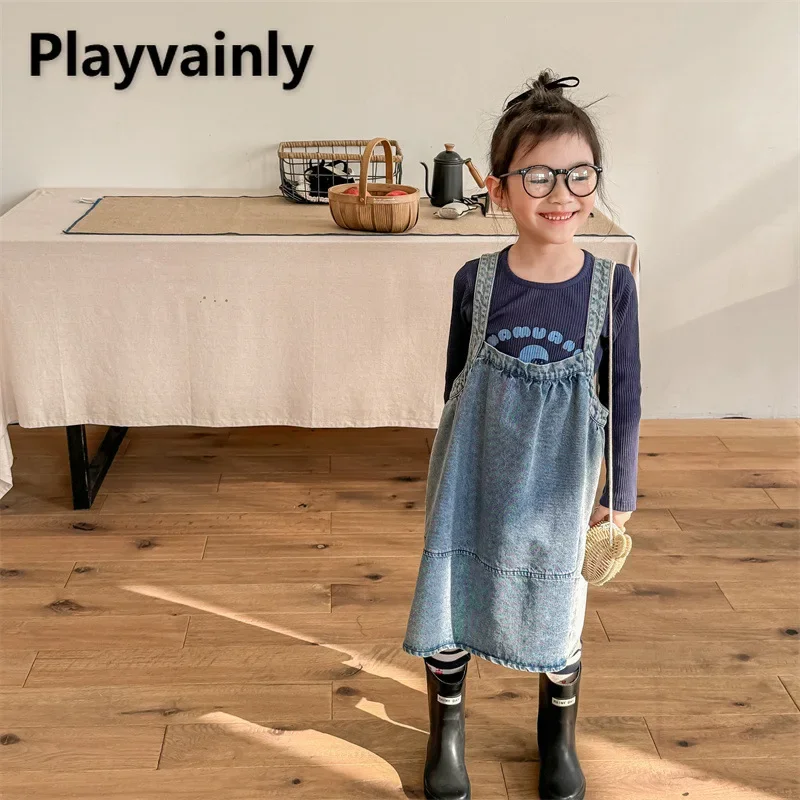 

Korean Style New Autumn Loose Sling Dress Blue Black Sleeveless Straps Denim Skirt Children Fashion Versatile Dresses A5003