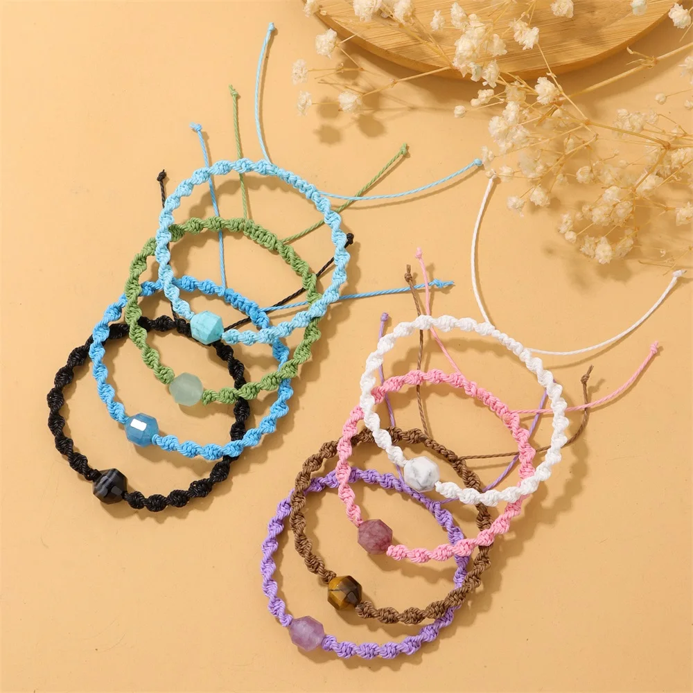 New 10mm Natural Faceted Stone Charms Bracelet Handmade Wax Line Braided Bracelets Adjustable Rope Woven Bracelet for Women Men