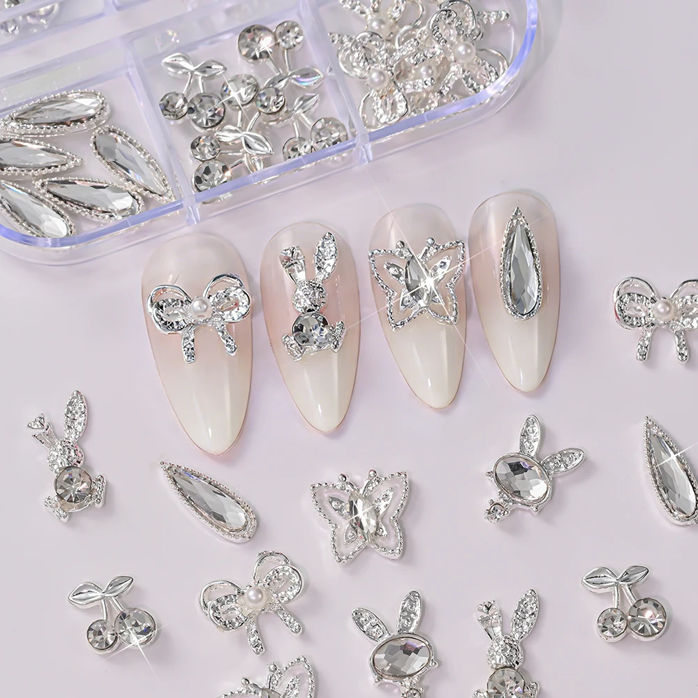30Pcs Silver Alloy Rabbit Nail Charms Pearl Clear Heart Waterdrop Diamond Nail Decoration Hollow Butterfly Rhinestone Nail Parts